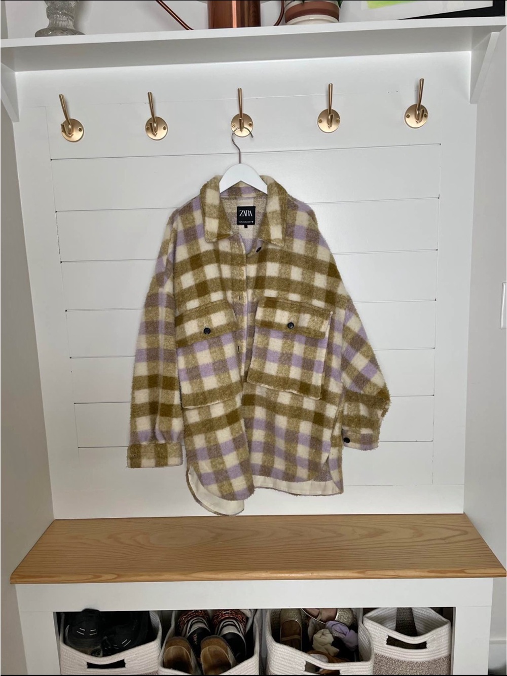 Zara Cream and Lavender Plaid Knit Shirt